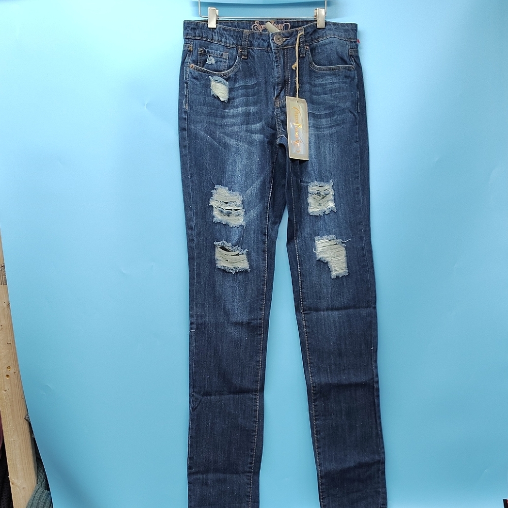 Women's Straight Leg Jeans - Distressed Blue